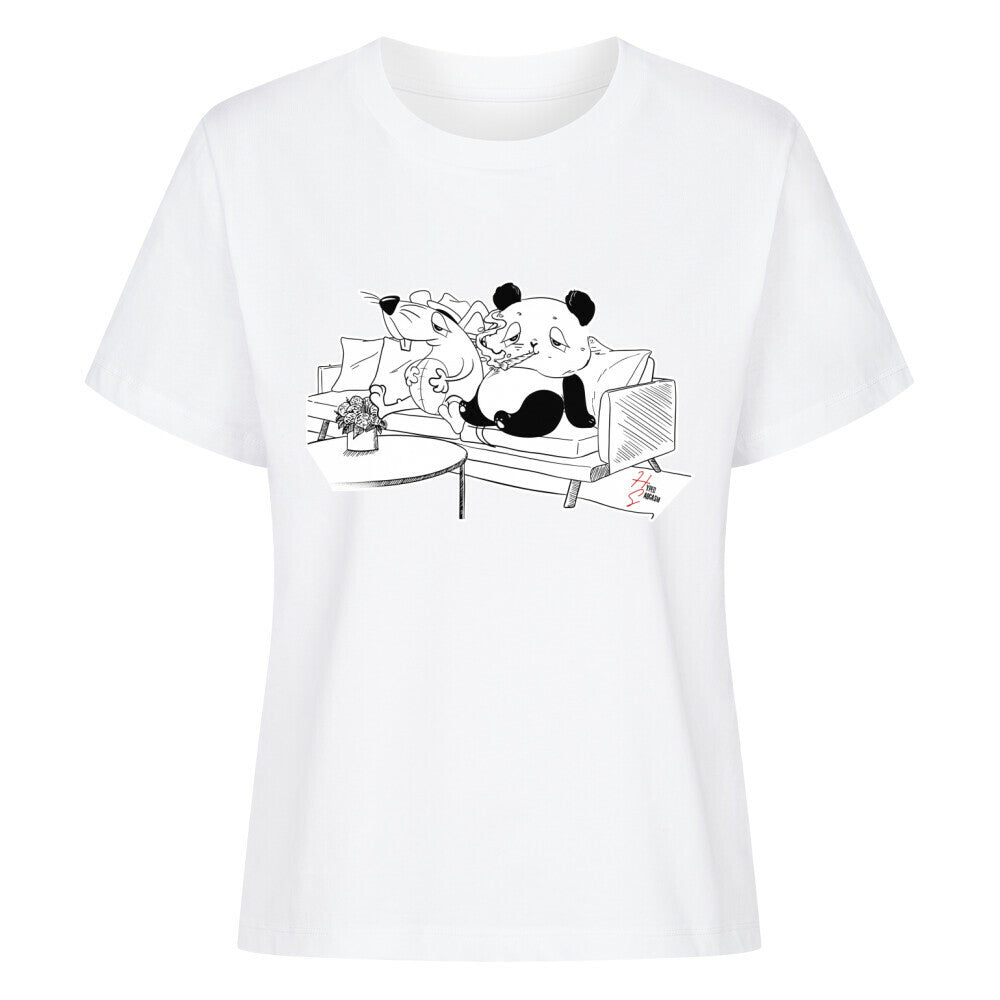 Premium Organic Shirt Women in Weiß mit Panda und Maus auf Sofa Motiv und dem Hyped Sarcasm Logo