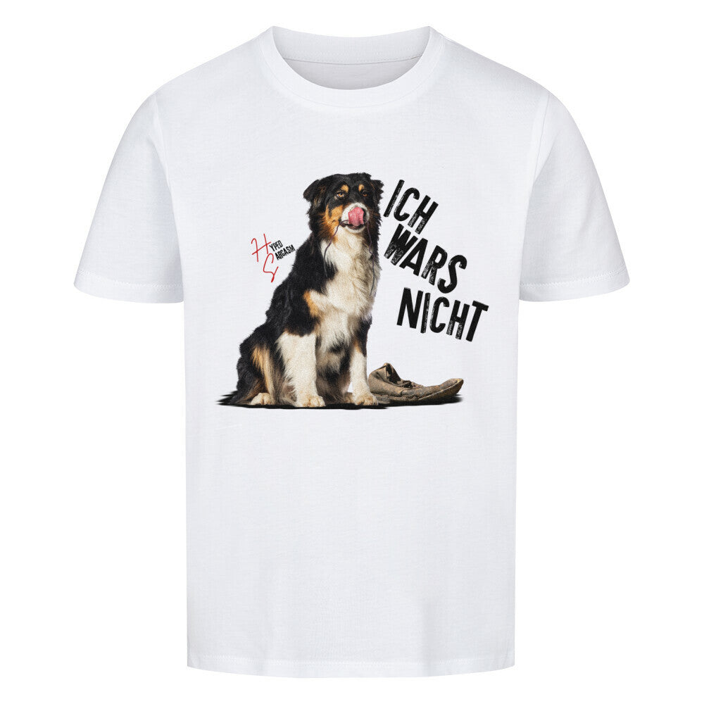 Premium Organic Shirt Kids in Weiß und unschuldigem Hund Motiv und Hyped Sarcasm Logo