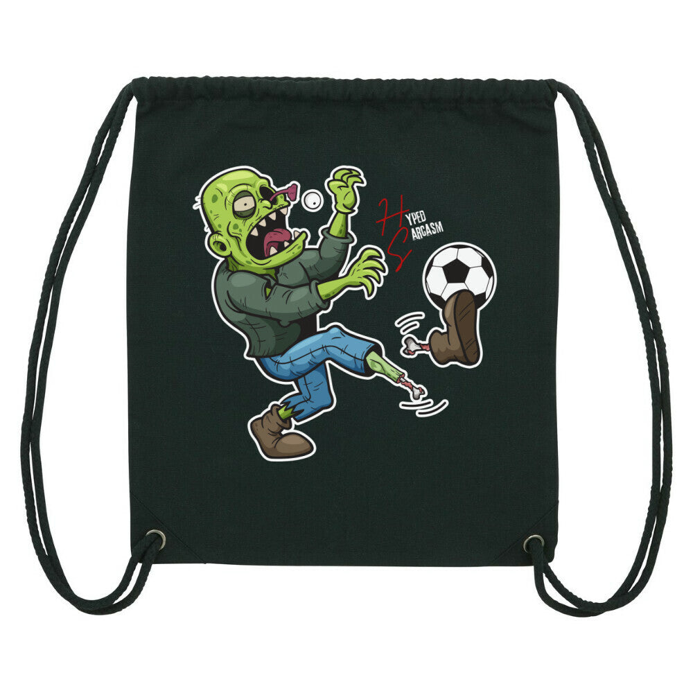 Gym Bag in Schwarz Zombie Motiv und Hyped Sarcasm Logo Vorderansicht
