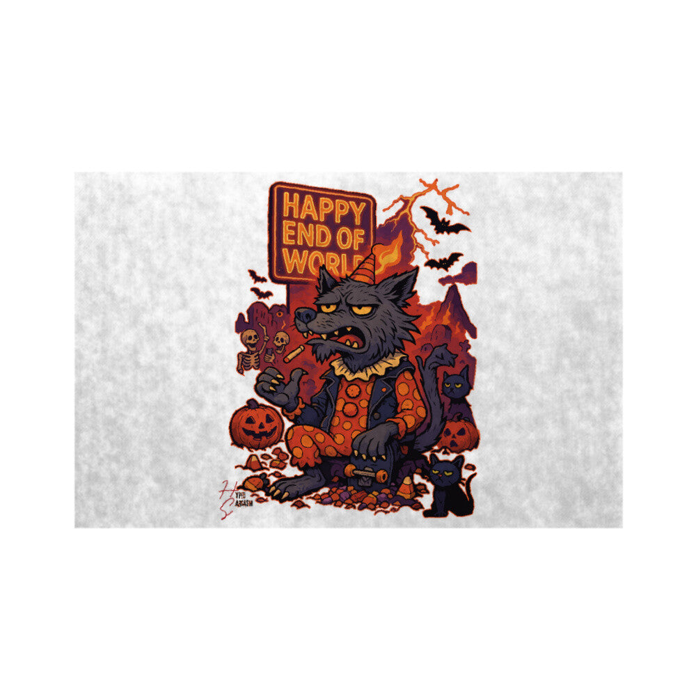 Fußmatte in Weiß mit Halloween Wolf Motiv und Hyped Sarcasm Logo
