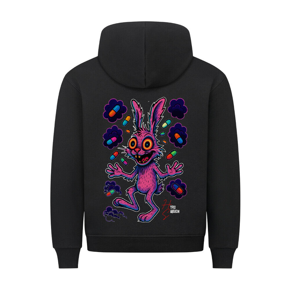 HigherBlanks Premium Hoodie in Schwarz mit Hasen Motiv und Hyped Sarcasm Logo Rückansicht
