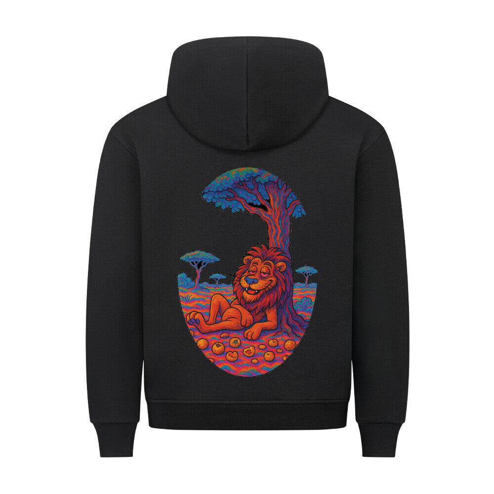 HigherBlanks Premium Hoodie in Schwarz mit Löwen Motiv und Hyped Sarcasm Logo Rückansicht