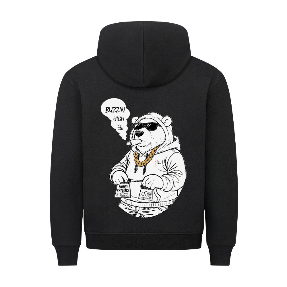 HigherBlanks Premium Hoodie in Schwarz mit männlichem Bären Motiv und Hyped Sarcasm Logo Rückansicht