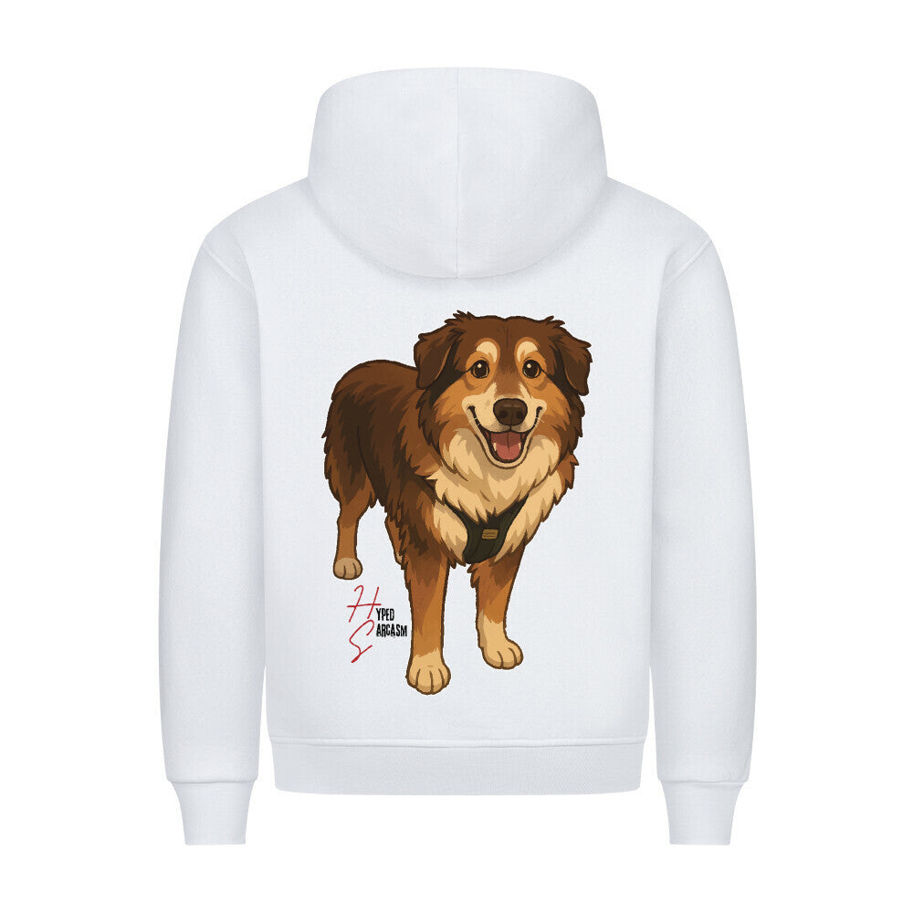 HigherBlanks Premium Hoodie in Weiß mit Rocky Hunde Motiv und Hyped Sarcasm Logo Rückansicht