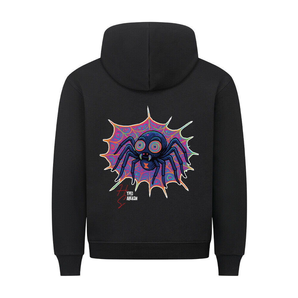 HigherBlanks Premium Hoodie in Schwarz mit Halloween Spinnen Motiv und Hyped Sarcasm Logo Rückansicht