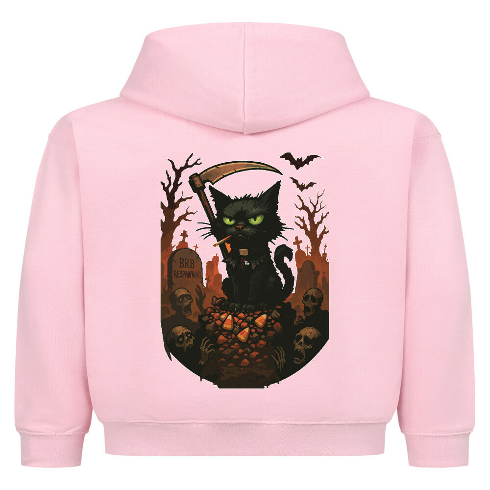 Hoodie Kids in Pink mit Halloween Katzen Motiv und Hyped Sarcasm Logo Rückansicht