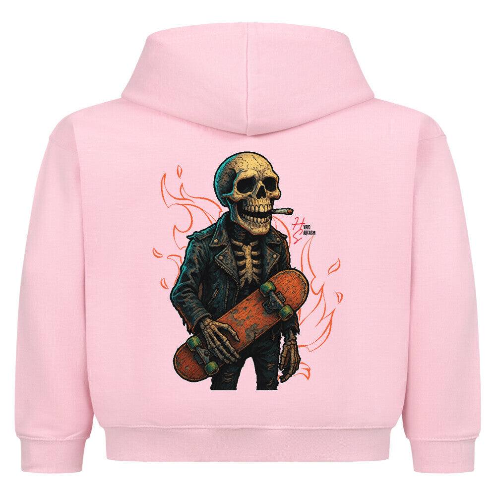 Hoodie Kids in Pink mit Halloween Skelett Motiv und Hyped Sarcasm Logo Rückansicht