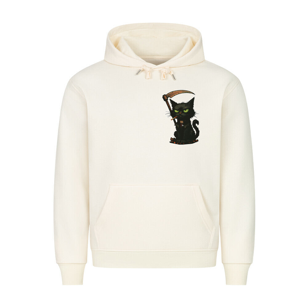 HigherBlanks Premium Hoodie in Beige mit Halloween Katzen Motiv und Hyped Sarcasm Logo auf Brusthöhe Vorderansicht