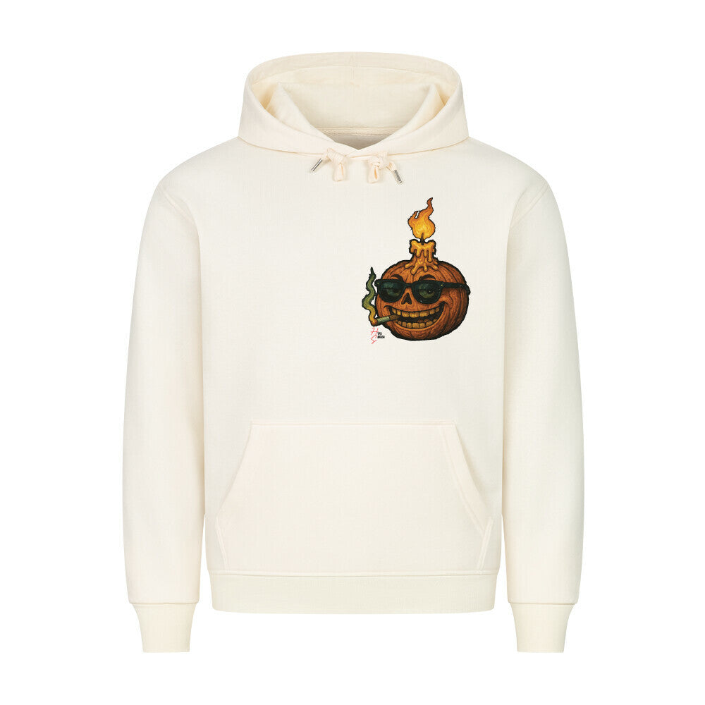 HigherBlanks Premium Hoodie in Beige mit einem Halloween Kürbiskopf Motiv und Hyped Sarcasm Logo auf Brusthöhe Vorderansicht