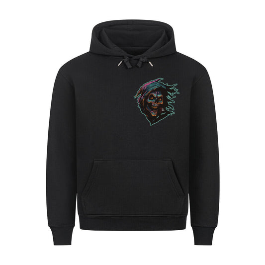 HigherBlanks Premium Hoodie in Schwarz mit einem Halloween Sensenmann Motiv und Hyped Sarcasm Logo auf Brusthöhe Vorderansicht