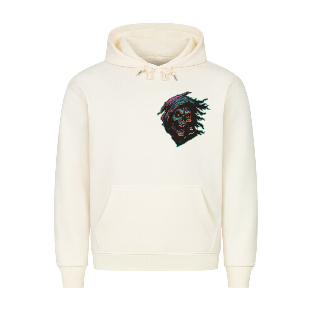 HigherBlanks Premium Hoodie in Beige mit einem Halloween Sensenmann Motiv und Hyped Sarcasm Logo auf Brusthöhe Vorderansicht