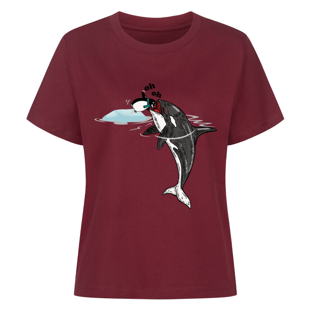 Premium Organic Shirt Women in Burgunder mit Wal und Pinguin Motiv