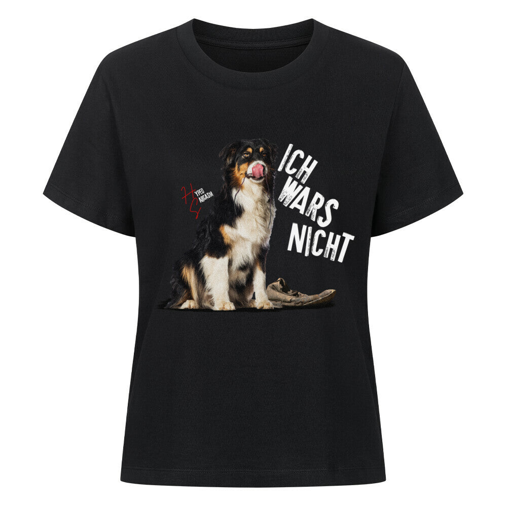 Premium Organic Shirt Women in Schwarz mit unschuldigem Hund Motiv und dem Schriftzug "Ich wars nicht" und dem Hyped Sarcasm Logo