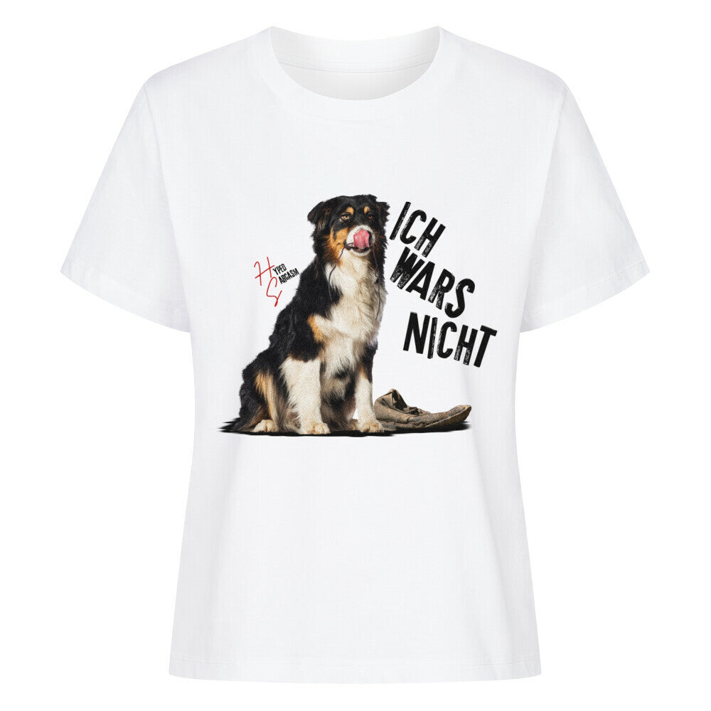 Premium Organic Shirt Women in Weiß mit unschuldigem Hund Motiv und dem Schriftzug "Ich wars nicht" und dem Hyped Sarcasm Logo