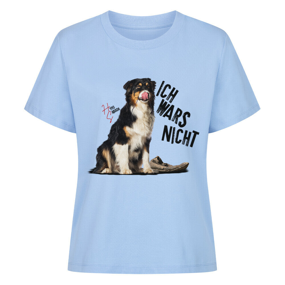 Premium Organic Shirt Women in Sky Blue mit unschuldigem Hund Motiv und dem Schriftzug "Ich wars nicht" und dem Hyped Sarcasm Logo