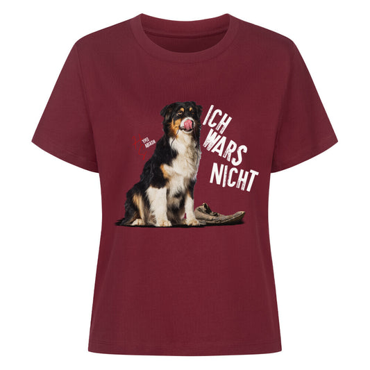 Premium Organic Shirt Women in Burgunder mit unschuldigem Hund Motiv und dem Schriftzug "Ich wars nicht" und dem Hyped Sarcasm Logo