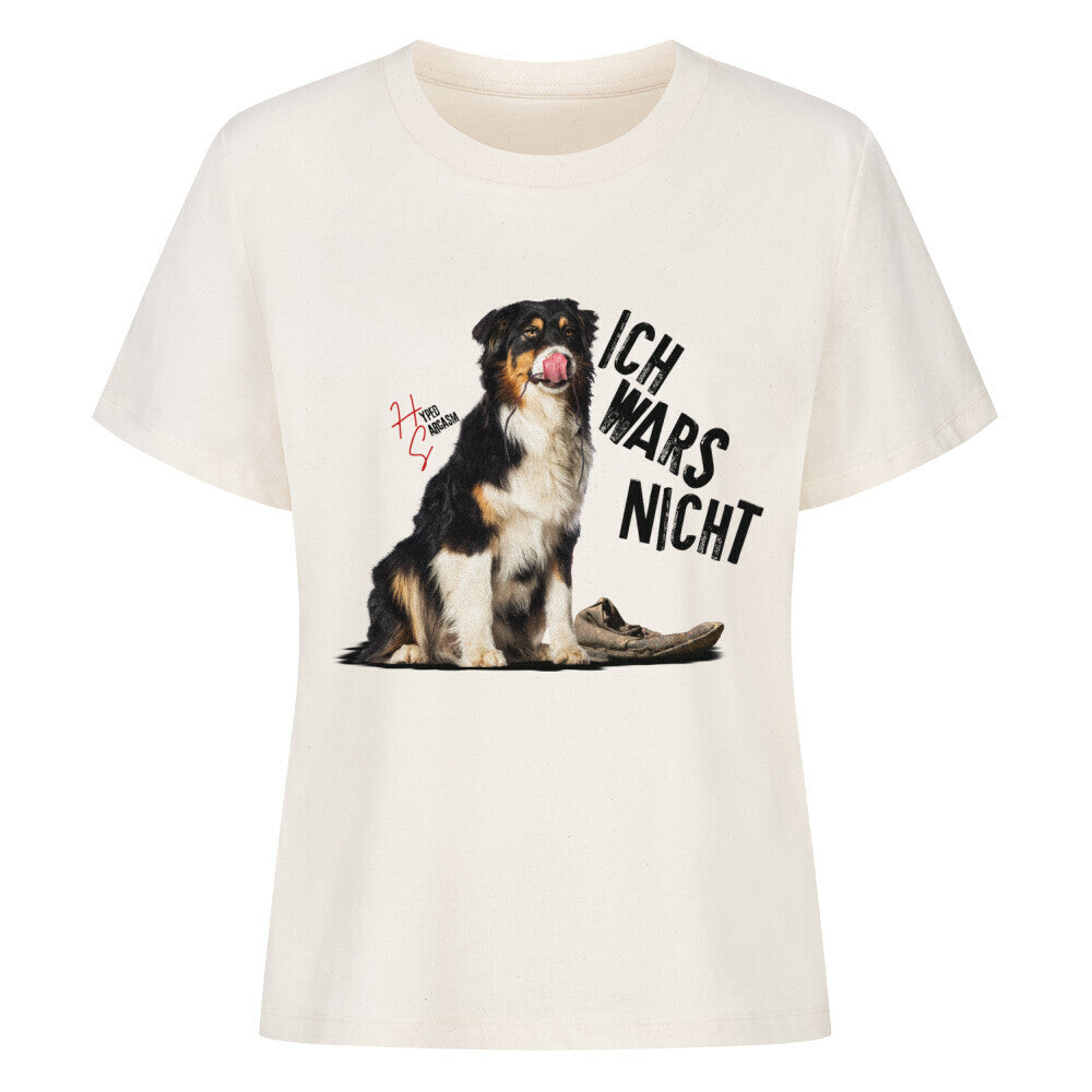 Premium Organic Shirt Women in Natural mit unschuldigem Hund Motiv und dem Schriftzug "Ich wars nicht" und dem Hyped Sarcasm Logo