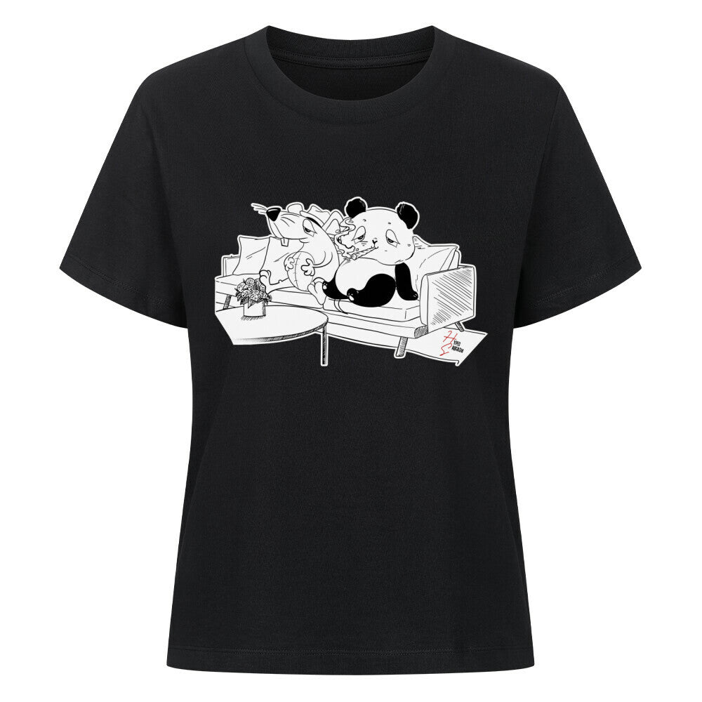 Premium Organic Shirt Women in Schwarz mit Panda und Maus auf Sofa Motiv und dem Hyped Sarcasm Logo