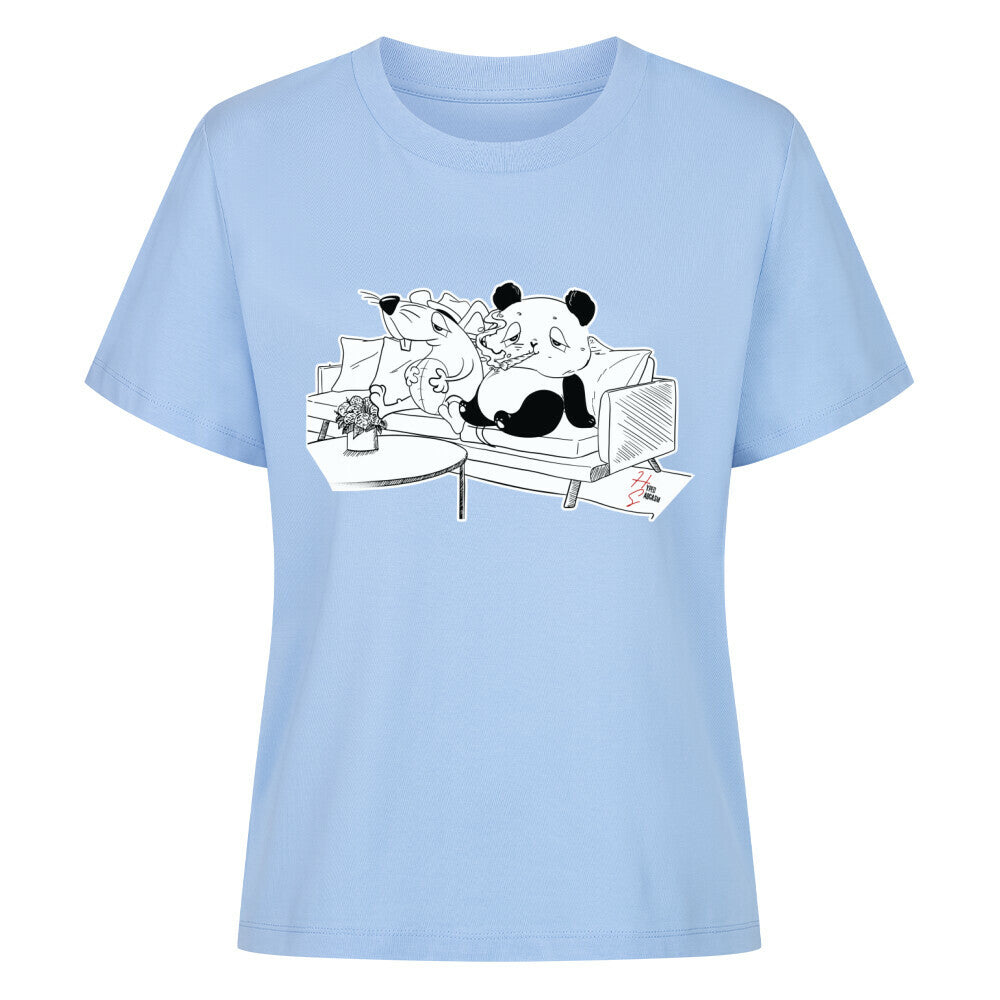 Premium Organic Shirt Women in Sky Blue mit Panda und Maus auf Sofa Motiv und dem Hyped Sarcasm Logo