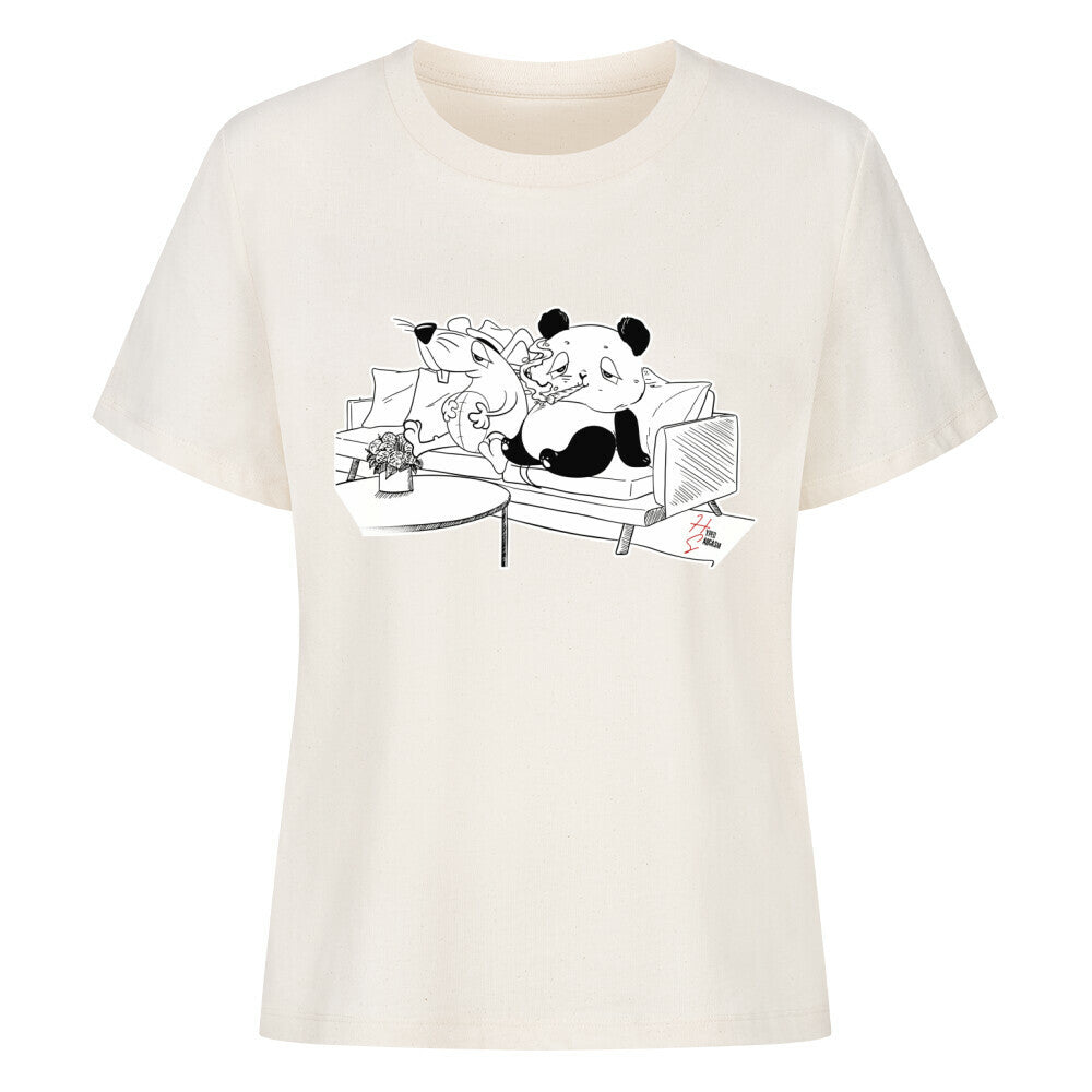 Premium Organic Shirt Women in Natural mit Panda und Maus auf Sofa Motiv und dem Hyped Sarcasm Logo