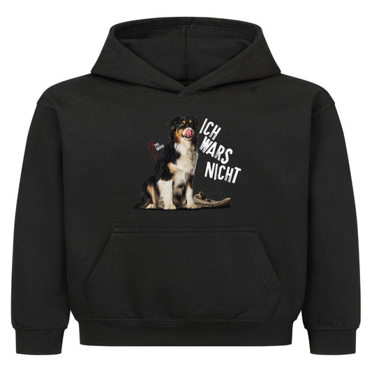 Classic Hoodie Kids in Schwarz mit unschuldigem Hund Motiv und dem Spruch "Ich wars nicht" und dem Hyped Sarcasm Logo