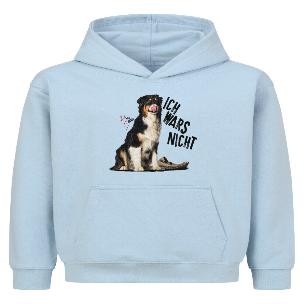 Classic Hoodie Kids in Babyblau mit unschuldigem Hund Motiv und dem Spruch "Ich wars nicht" und dem Hyped Sarcasm Logo