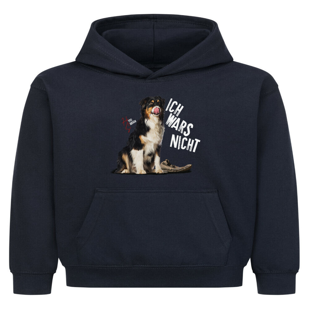 Classic Hoodie Kids in French Navy mit unschuldigem Hund Motiv und dem Spruch "Ich wars nicht" und dem Hyped Sarcasm Logo
