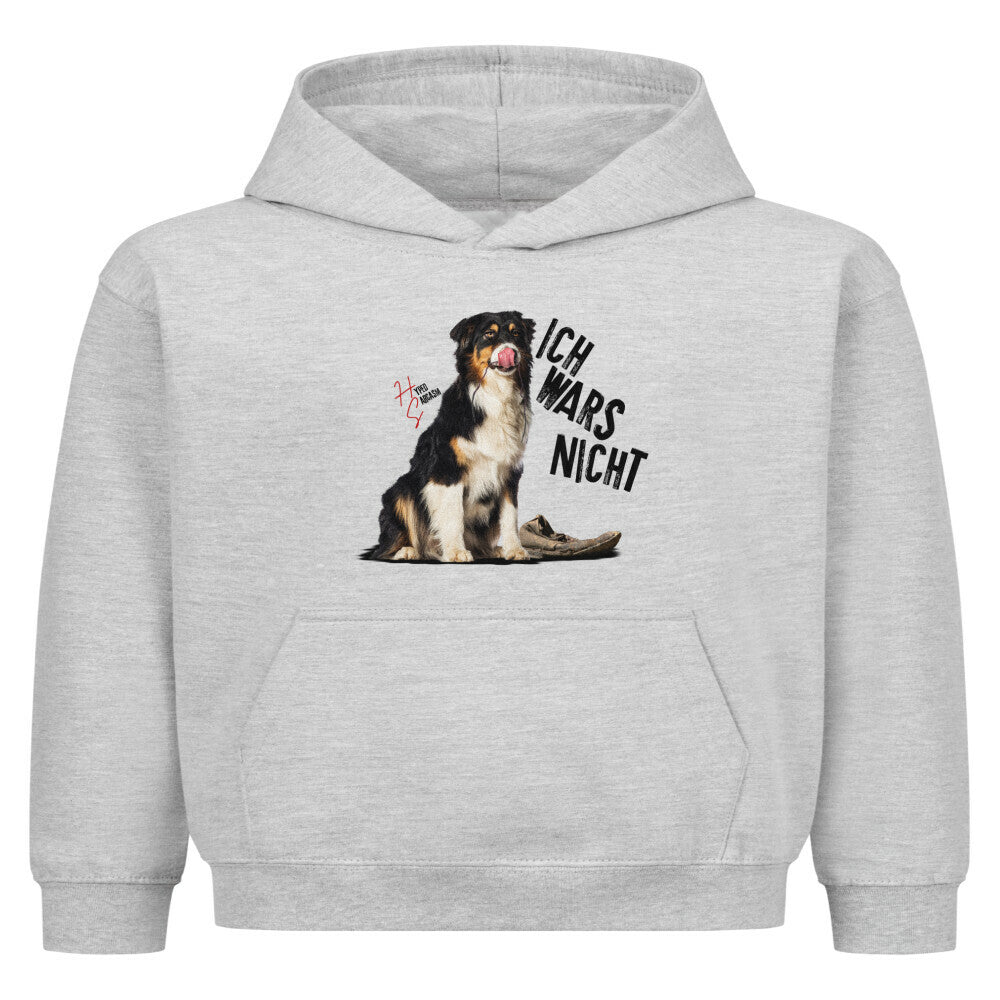 Classic Hoodie Kids in Heather Grey mit unschuldigem Hund Motiv und dem Spruch "Ich wars nicht" und dem Hyped Sarcasm Logo