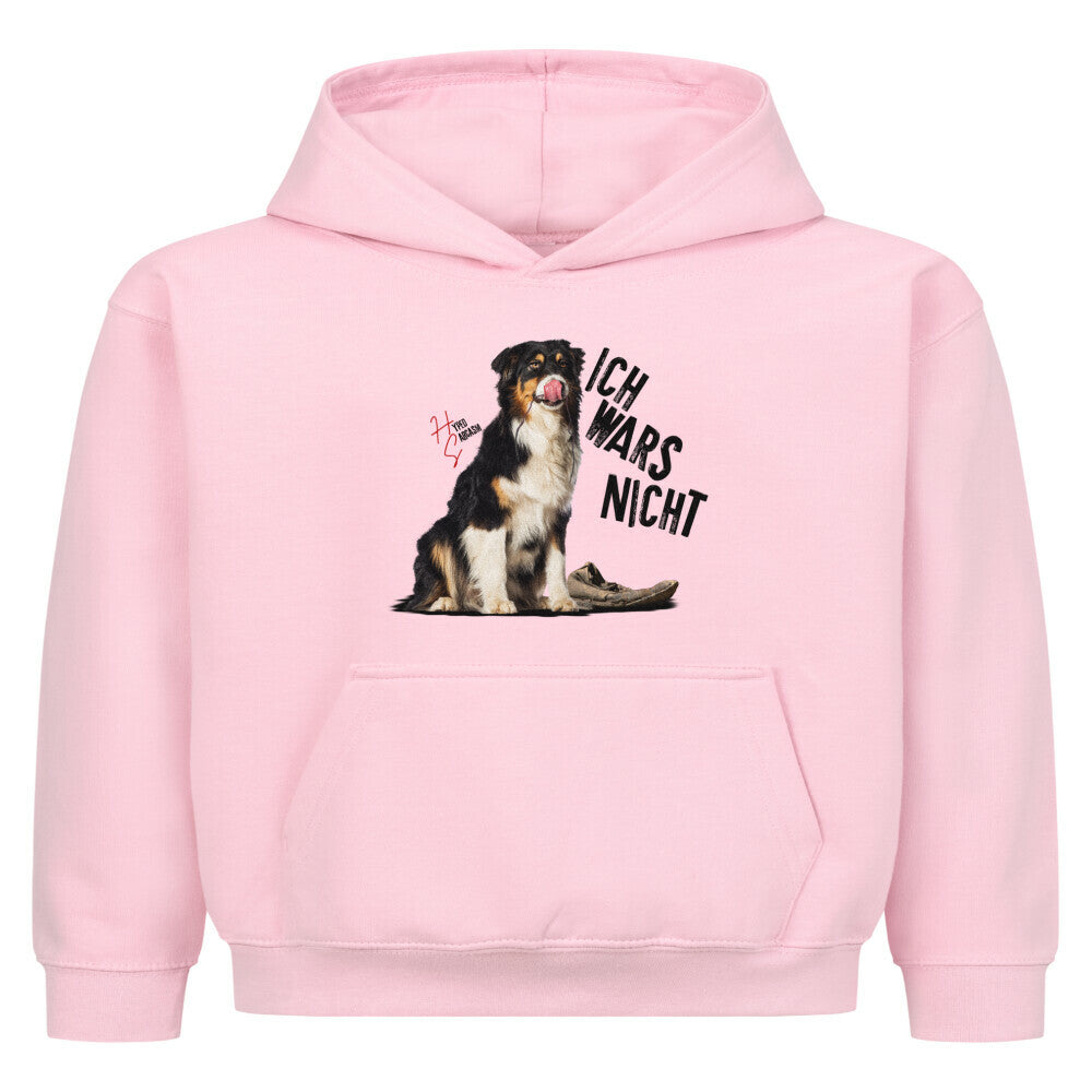 Classic Hoodie Kids in Pink mit unschuldigem Hund Motiv und dem Spruch "Ich wars nicht" und dem Hyped Sarcasm Logo