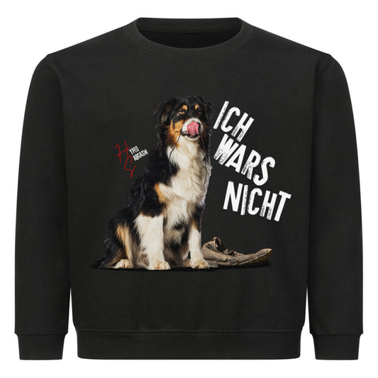 Classic Sweatshirt Kids in Schwarz mit unschuldigem Hunde Motiv und dem Spruch "Ich wars nicht" und Hyped sarcasm Logo
