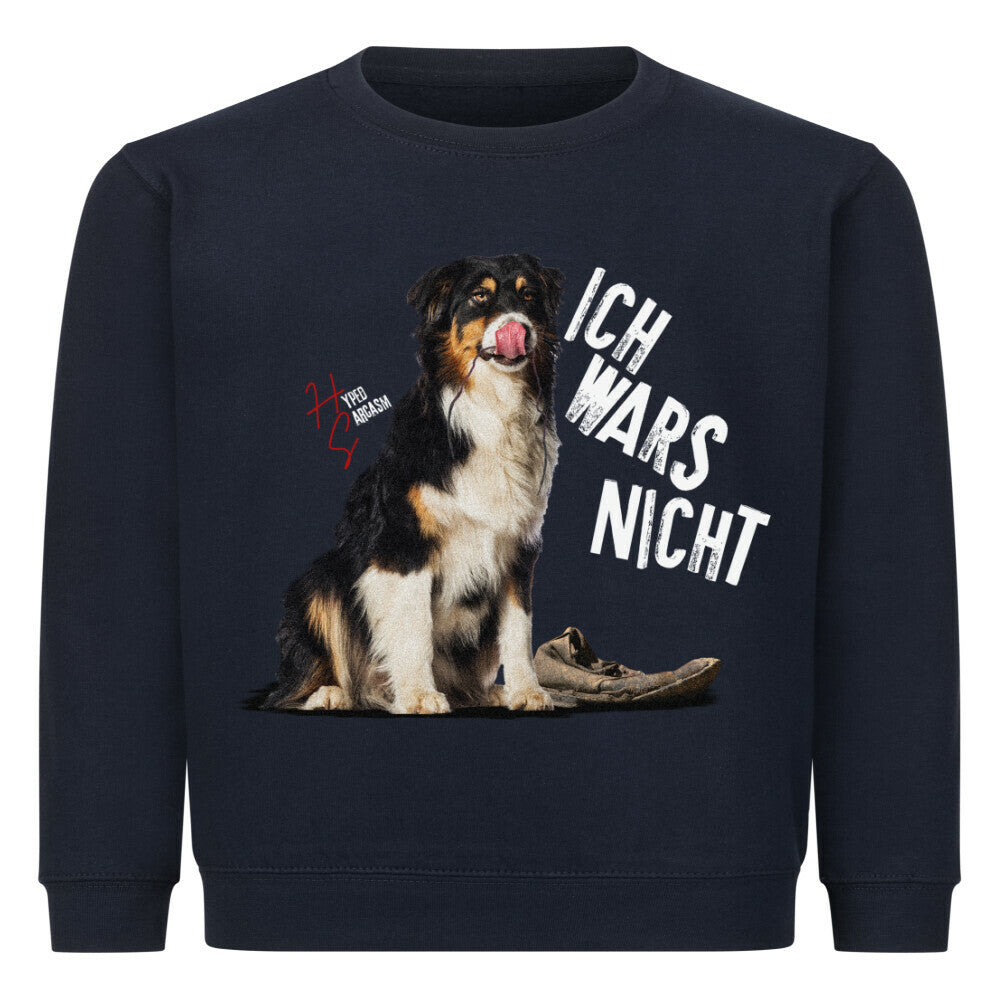 Classic Sweatshirt Kids in French Navy mit unschuldigem Hunde Motiv und dem Spruch "Ich wars nicht" und Hyped sarcasm Logo
