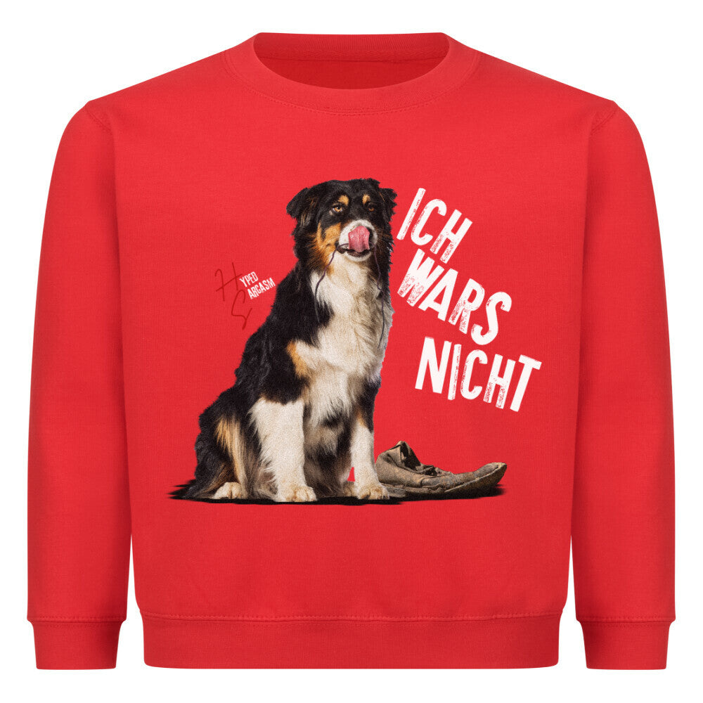 Classic Sweatshirt Kids in Rot mit unschuldigem Hunde Motiv und dem Spruch "Ich wars nicht" und Hyped sarcasm Logo