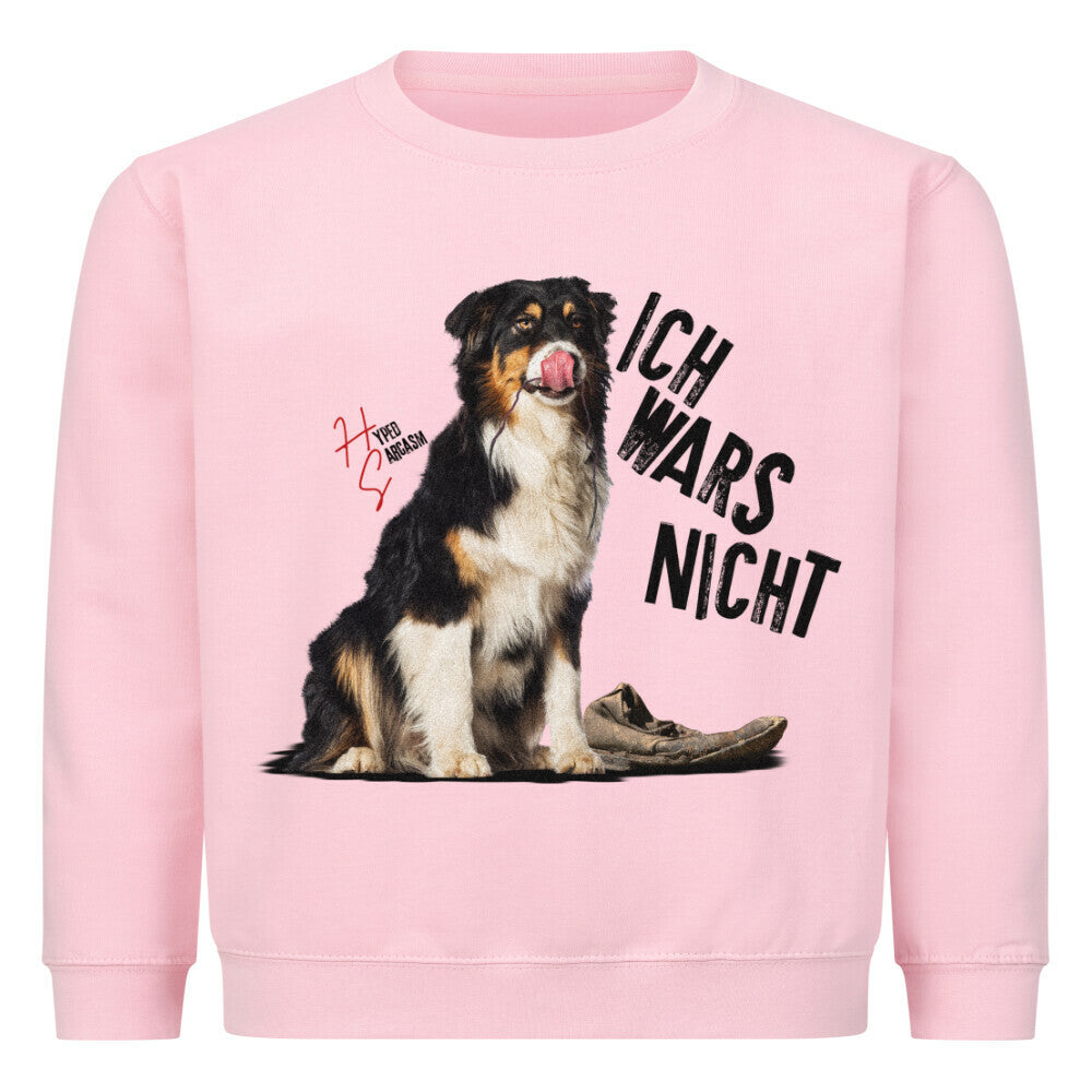 Classic Sweatshirt Kids in Pink mit unschuldigem Hunde Motiv und dem Spruch "Ich wars nicht" und Hyped sarcasm Logo
