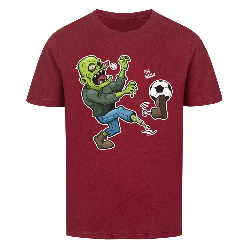 Premium Organic Shirt Kids in Weinrot und Zombie Motiv und Hyped Sarcasm Logo