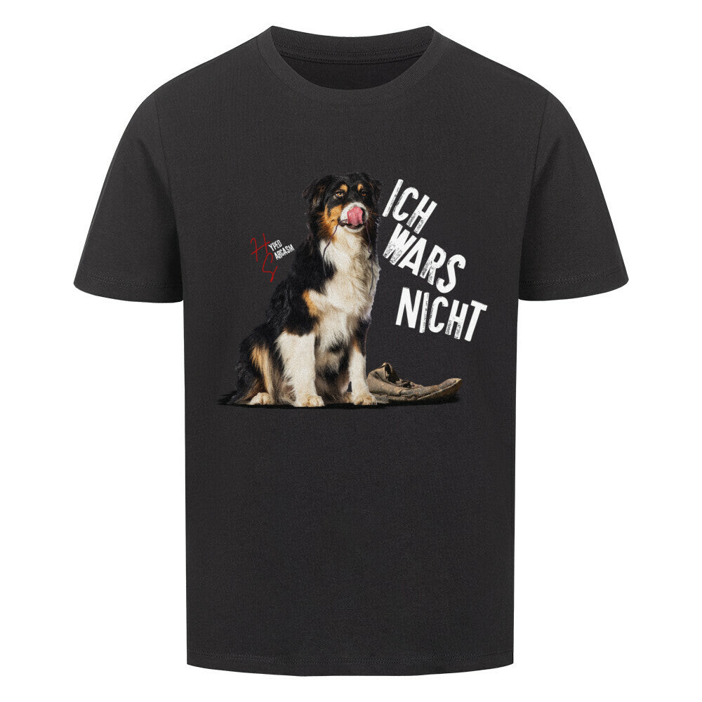 Premium Organic Shirt Kids in Schwarz und unschuldigem Hund Motiv und Hyped Sarcasm Logo