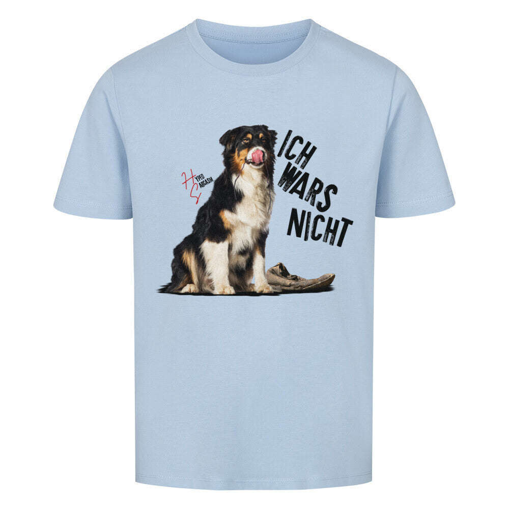 Premium Organic Shirt Kids in Sky Blue und unschuldigem Hund Motiv und Hyped Sarcasm Logo