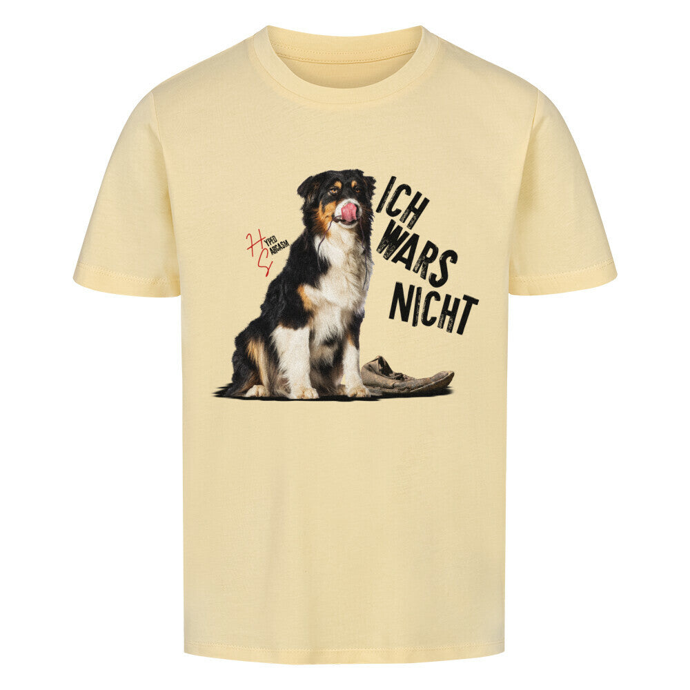 Premium Organic Shirt Kids in Butter und unschuldigem Hund Motiv und Hyped Sarcasm Logo