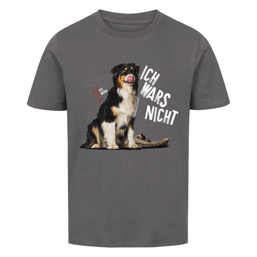 Premium Organic Shirt Kids in Anthrazit und unschuldigem Hund Motiv und Hyped Sarcasm Logo