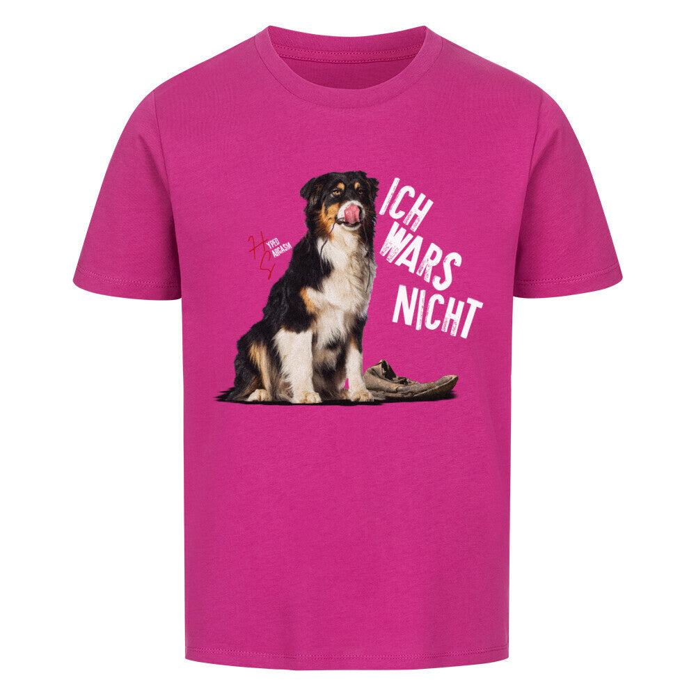 Premium Organic Shirt Kids in Lila und unschuldigem Hund Motiv und Hyped Sarcasm Logo