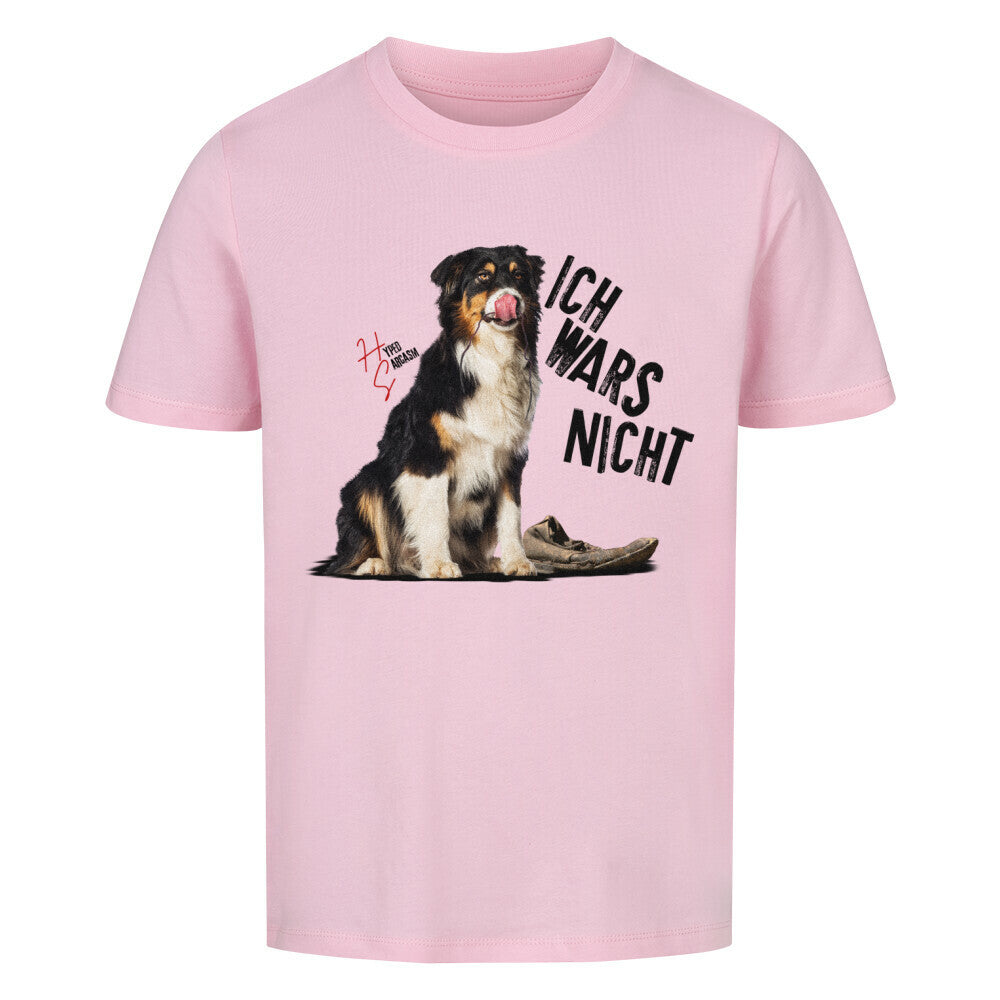 Premium Organic Shirt Kids in Pink und unschuldigem Hund Motiv und Hyped Sarcasm Logo