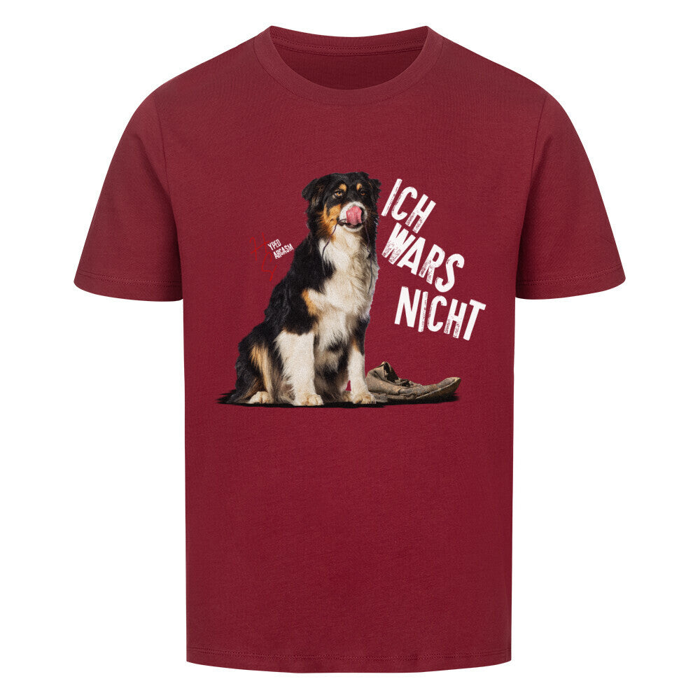 Premium Organic Shirt Kids in Weinrot und unschuldigem Hund Motiv und Hyped Sarcasm Logo