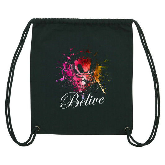 Gym Bag in Schwarz und Skelett Motiv und dem Schriftzug "Belive" Vorderansicht