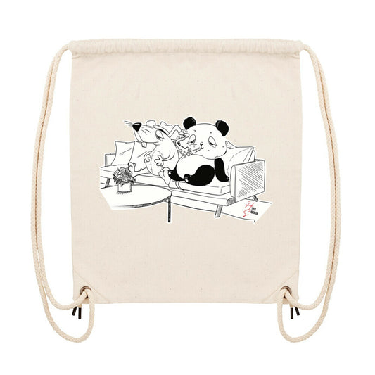 Gym Bag in Natural und Panda und Maus auf Sofa Motiv und Hyped Sarcasm Logo Vorderansicht