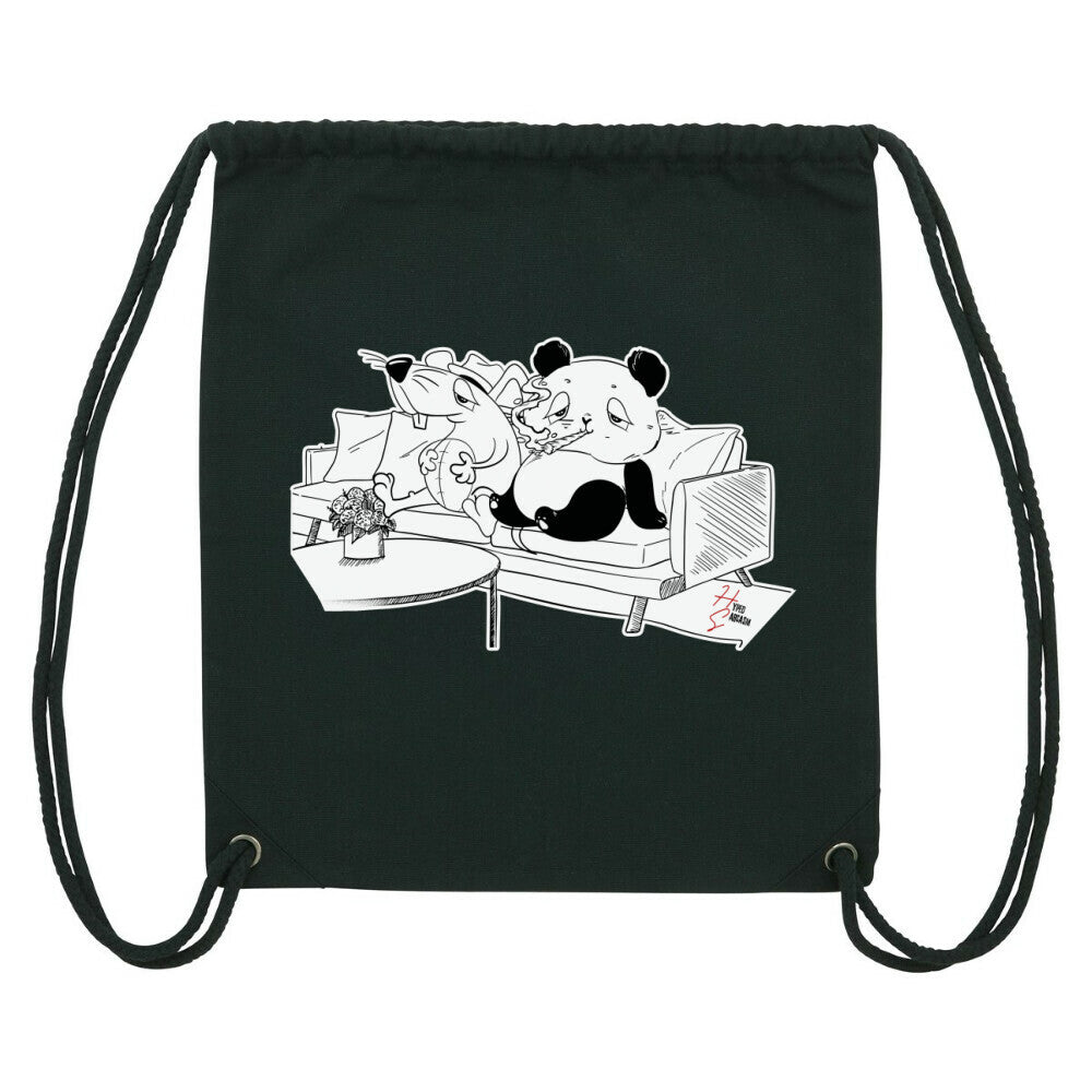 Gym Bag in Schwarz und Panda und Maus auf Sofa Motiv und Hyped Sarcasm Logo Vorderansicht