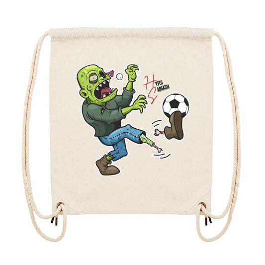 Gym Bag in Natural und Zombie Motiv und Hyped Sarcasm Logo Vorderansicht