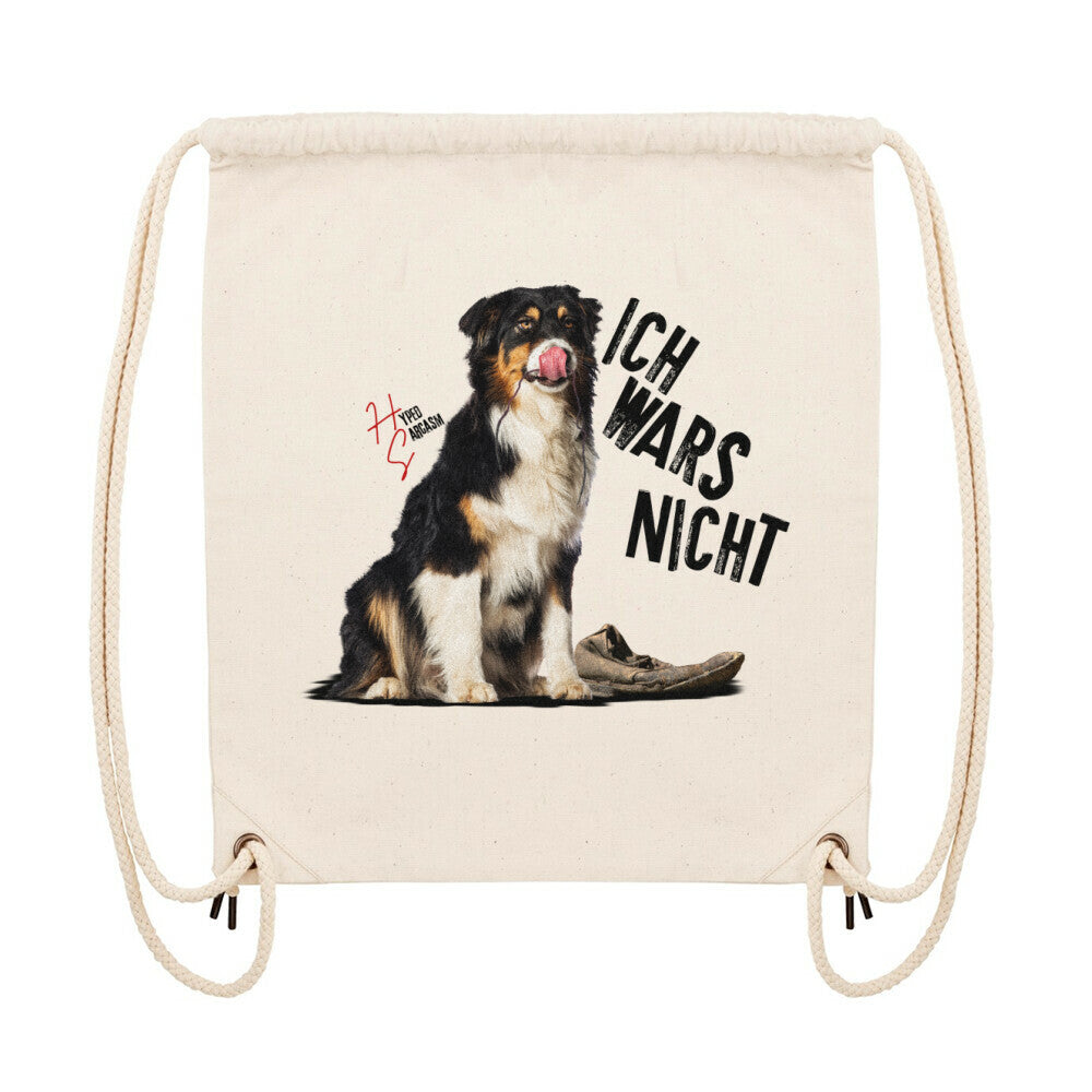 Gym Bag in Natural und unschuldiger Hund Motiv und Hyped Sarcasm Logo Vorderansicht