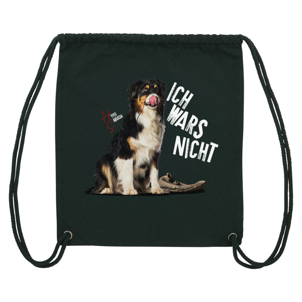 Gym Bag in Schwarz und unschuldiger Hund Motiv und Hyped Sarcasm Logo Vorderansicht
