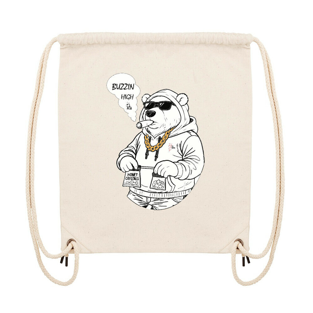 Gym Bag in Natural und Hoodie Bär Motiv und Hyped Sarcasm Logo Vorderansicht