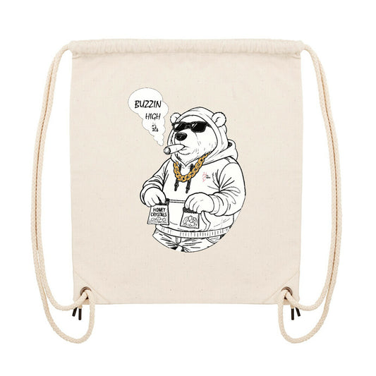 Gym Bag in Natural und Hoodie Bär Motiv und Hyped Sarcasm Logo Vorderansicht