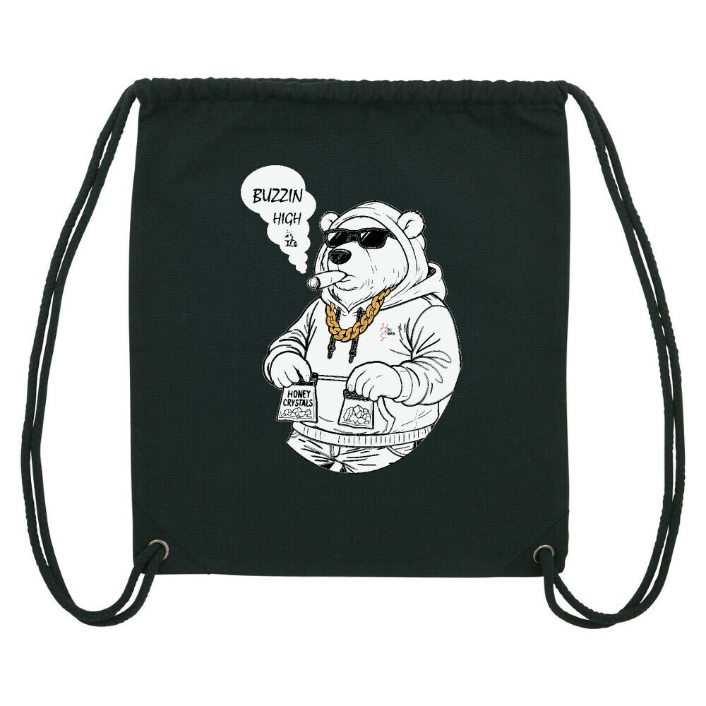 Gym Bag in Schwarz und Hoodie Bär Motiv und Hyped Sarcasm Logo Vorderansicht
